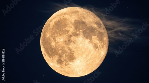 Detailed full harvest moon in a dark starry night sky. Golden supermoon with craters visible. Astronomical night background