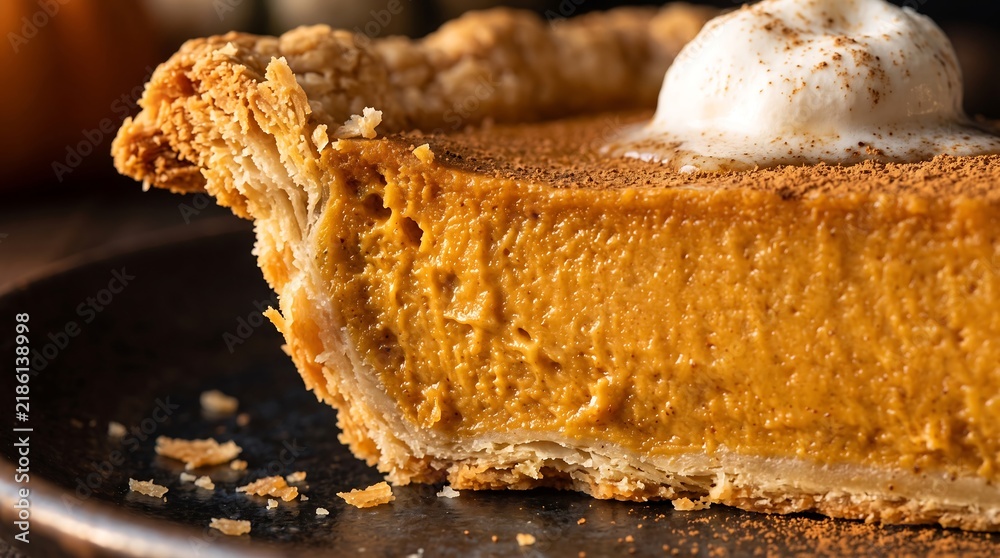 Fototapeta premium Delicious slice of homemade pumpkin pie with whipped cream