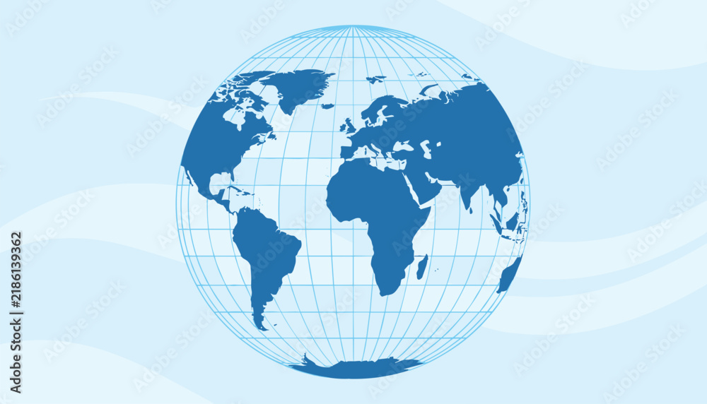 Fototapeta premium Minimalist planet earth globe map showing continents in dark blue on a grid sphere over a light blue wavy backdrop.