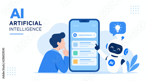Businessman searching for work ideas on a smartphone with AI assistance, AI robot, light bulb icon, search interface, and digital technology concept in flat design. Vector illustration