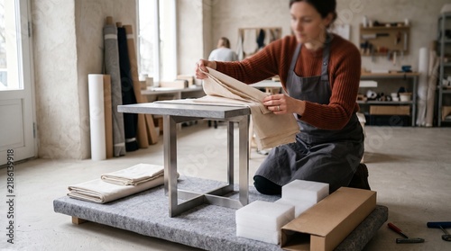 Plakat w ramie Installer unwraps a side table before fair presentation