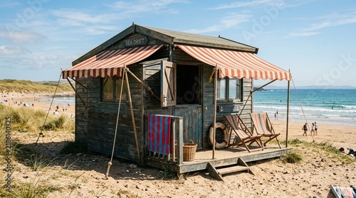 Rustic beach hut with striped awning, chairs, and ocean view