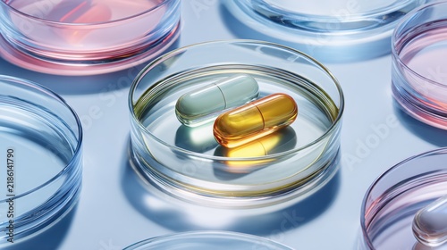 Capsules and petri dishes on a table
