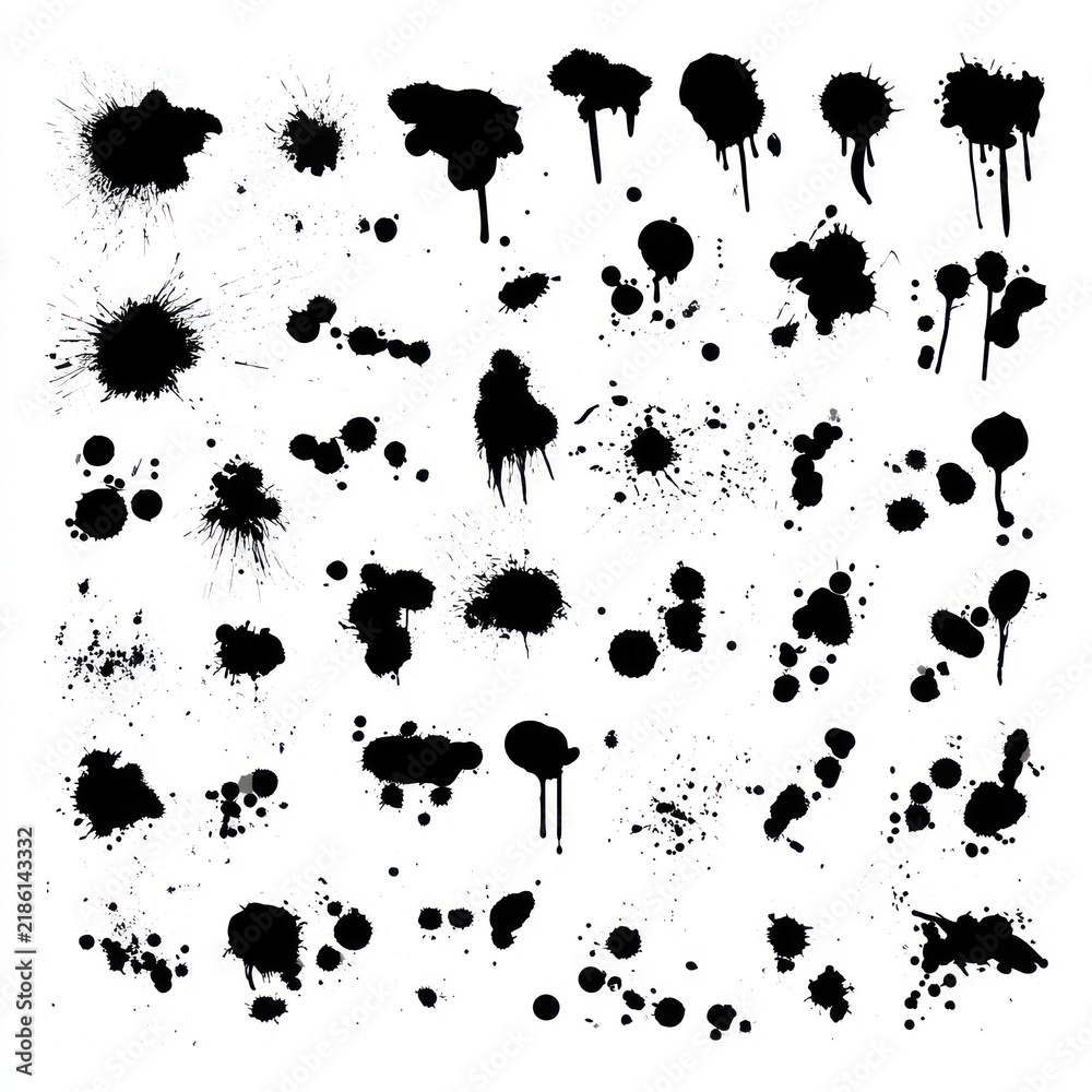 Fototapeta premium Collection of black ink splatter and drop shapes on white background