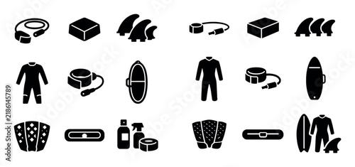 Surfing and equipment icon set with surf leash wax block and board fins for marketing design in bold solid style