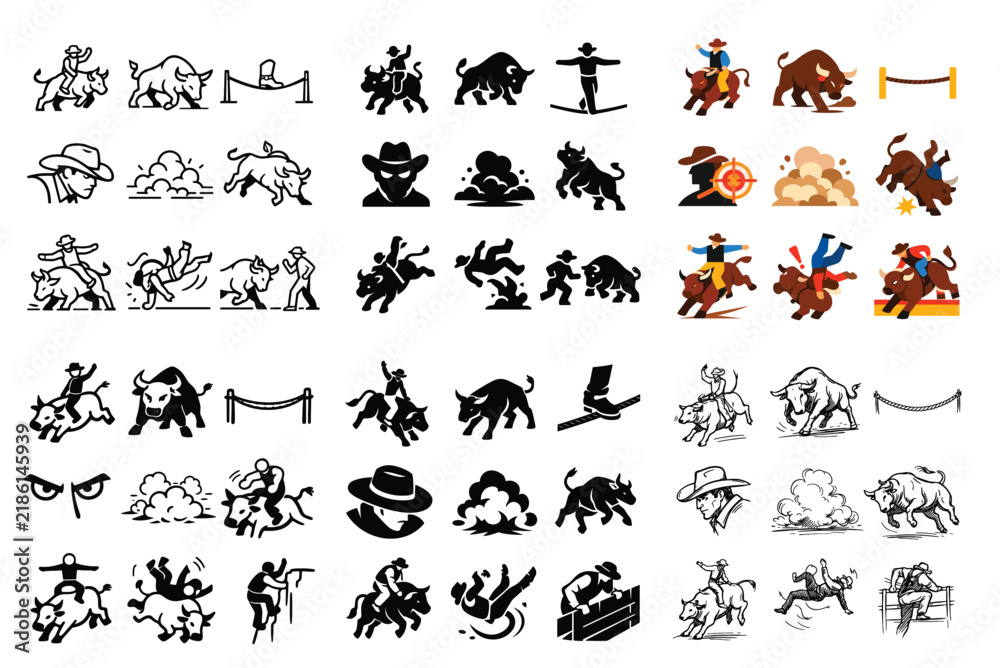 Obraz premium Rodeo and bull riding concept icons with cowboy, bull, and dust cloud for marketing design in bold outline style