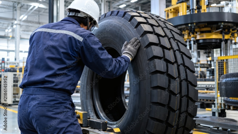 Fototapeta premium Factory technician examining a large truck tire at a manufacturing plant