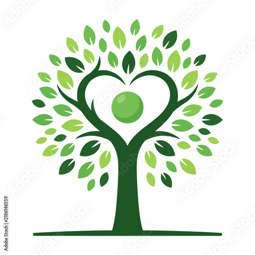 Green tree with heart shaped leaves and globe symbol on white background