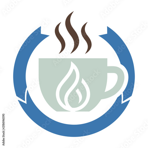 Coffee cup with steam rising in blue circular arrow logo symbol