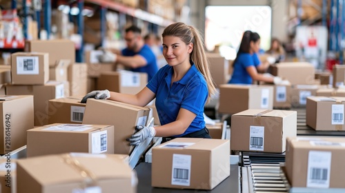 A worker smiles while sorting packages on a conveyor belt in a warehouse.