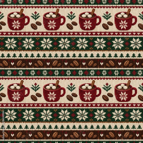 Nordic Sleigh Knit Repeat Seamless Pattern Christmas Pattern of Hot Chocolate, Snowflakes, and Coffee Beans