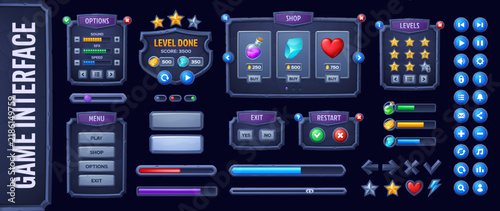 Old stone game UI interface buttons and level windows with rocky loading scale and menu frame. Medieval game interface assets with stone indicators and rewards for videogame elements and gamer GUI