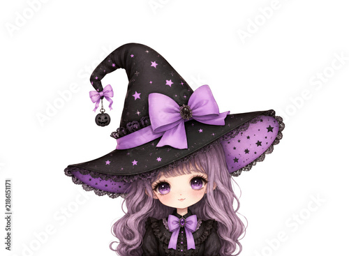 Cute Fantasy Witch Girl with Purple Hair Wearing a Black Witch Hat and Purple Bow Isolated on Transparent Background
