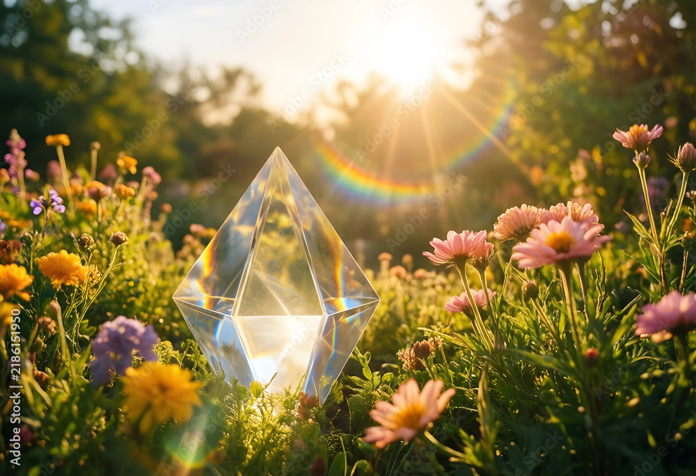 Obraz premium Sustainability and environmental harmony, crystal prism reflecting sunlight in a blooming wildflower meadow during golden hour for nature conservation