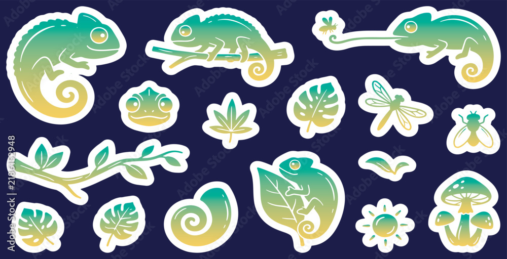 Obraz premium Collection of cute chameleon stickers with leaves, insects, and mushrooms on a dark blue background.