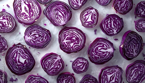 Multiple slices red cabbage arranged light surface intricate purple white layered patterns vibrant hues sharp contrast pale 