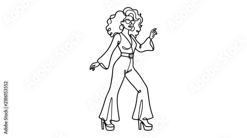Glamorous Disco Woman Continuous Line Vector, Fashion Technical Illustration with Elegant Figure Drawing