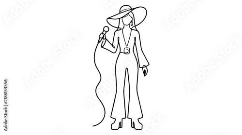 Disco Glamour Girl Continuous Single-Line Vector Art, Elegant Fashion Figure Technical Drawing