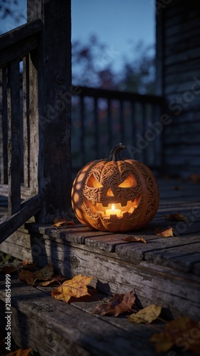 Glowing Jack-o'-Lantern on a Rustic Porch at Night