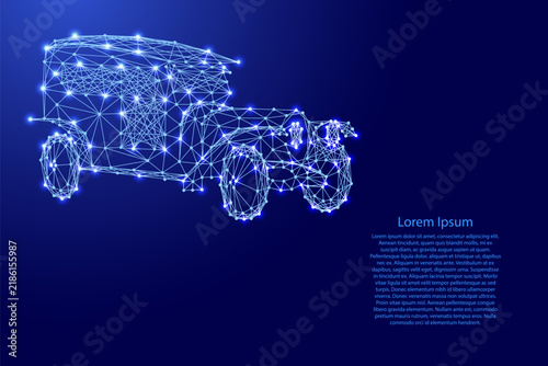 vintage retro car from futuristic polygonal blue lines and glowing stars for banner, poster, greeting card