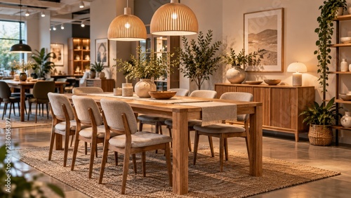 Modern Dining Furniture Showroom with Wooden Table and Chairs