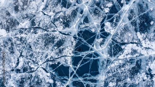 Frozen Blue Ice Cube Macro - Crystalline Texture with Air Bubbles - Cold Winter Abstract Background