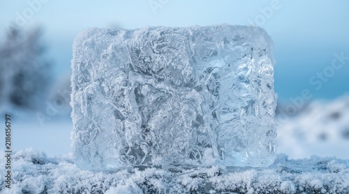 Frozen Blue Ice Cube Macro - Crystalline Texture with Air Bubbles - Cold Winter Abstract Background
