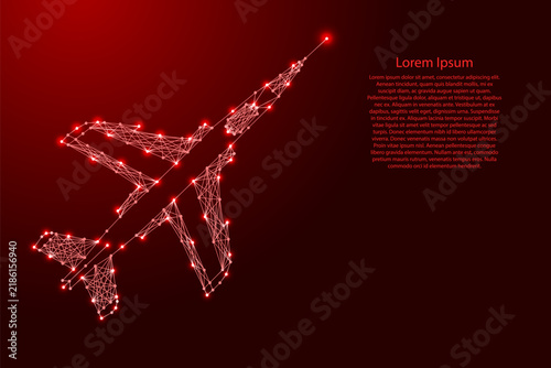 fighter jet aircraft from futuristic polygonal red lines and glowing stars for banner, poster, greeting card