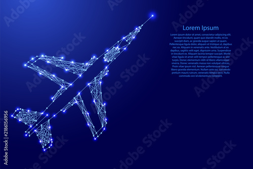 fighter jet aircraft from futuristic polygonal blue lines and glowing stars for banner, poster, greeting card