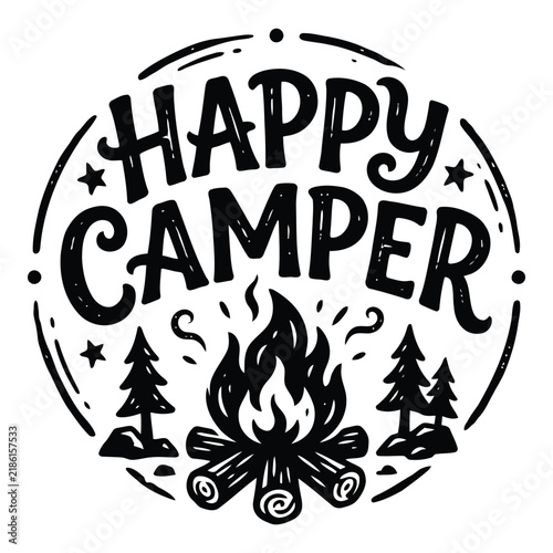 Happy camper camping logo with fire and trees silhouette