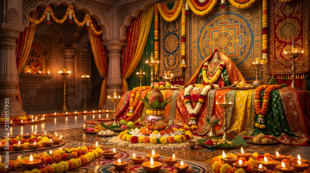 Fototapeta premium Traditional Hindu altar with glowing oil lamps for Diwali.
