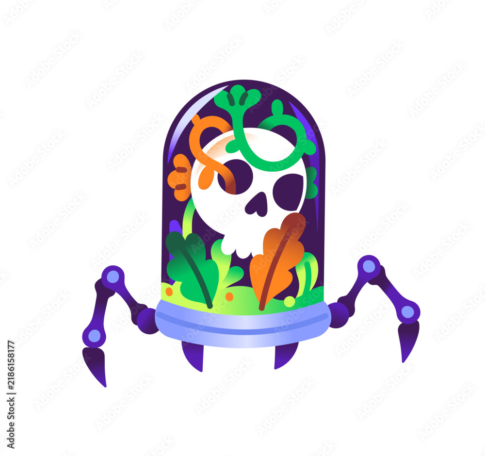 Obraz premium Spooky skull under glass cap on robotic legs. Monster robot with dead head in container. Sticker for Halloween decor. Scary machine character. Flat isolated vector illustration on white background