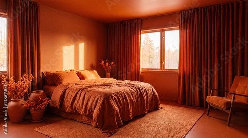 Terracotta Bedroom with Linen Bedding and Armchair