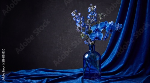 Blue Orchids and Delphiniums in a Blue Glass Bottle