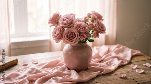 Pink Roses Bouquet in Ceramic Vase on Wooden Table
