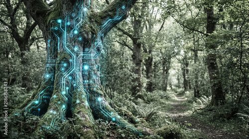 Old tree trunk covered in glowing blue circuit patterns in a dense forest