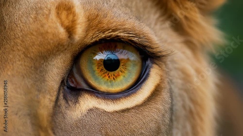 Extreme macro photorealistic footage of one majestic lion eye, unmistakable African lion anatomy with a striking green-hazel iris