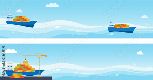 Sea barge loads cargo at port. Sea transportation logistic. Maritime shipping. Vector cartoon illustration isolated on white background.