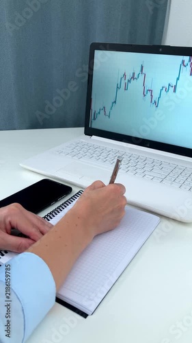 Vertical video. Female investor is sitting at a white table, studying the dynamics of the stock market on computer, recording key data in a notebook. The topic is market forecasting and quote analysis