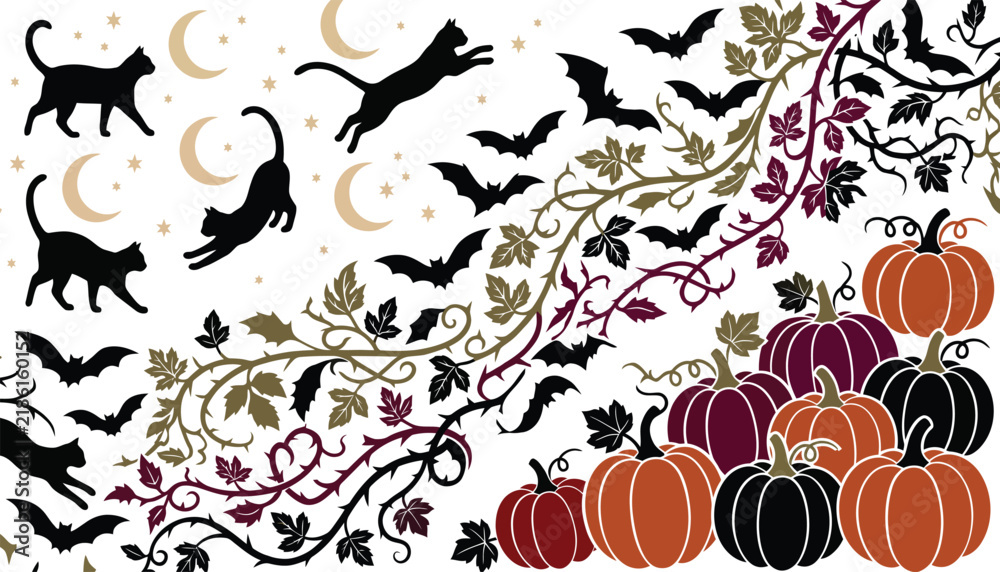 Obraz premium Halloween silhouettes of black cats bats pumpkins and autumn leaves on a white background