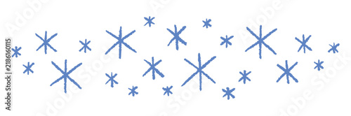 Drawn blue background with crayons asterisk stars. Hand drawn christmas snowflakes. Winter holiday design elements