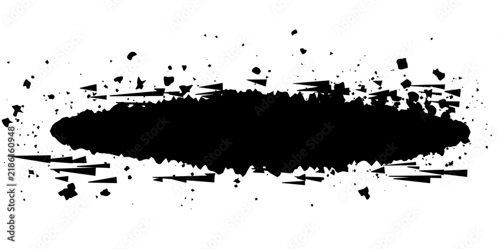 Obraz premium An abstract black brushstroke with splatters and a distressed, fragmented edge creates a dynamic and edgy graphic element, perfect for adding texture and impact.
