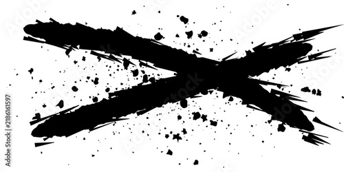 A bold, black, hand-drawn 'X' symbol stands out with a grunge texture and scattered paint splatters, representing rejection, cancellation, or a mistake.