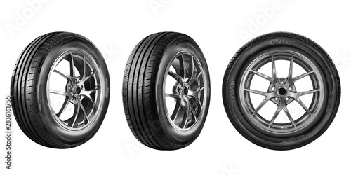 Car tire and wheel , Aluminum wheels , Alloy Wheel , set photo isolated on transparent background.	
