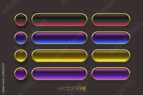 Collection of vibrant gradient buttons and capsules with shiny golden frames.