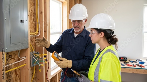 Senior electrician teaching female apprentice  on electrical breaker panel at construction site