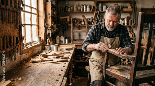 Experienced craftsman restoring vintage wooden furniture at workbench using hand tools