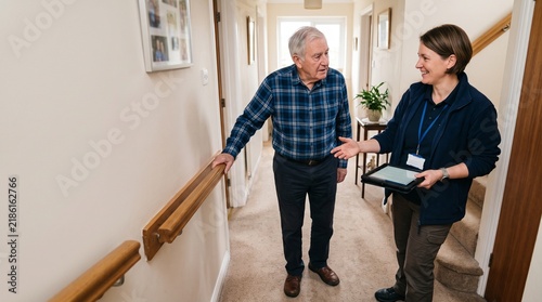 Caregiver with digital tablet guiding senior man holding onto hallway handrail at home