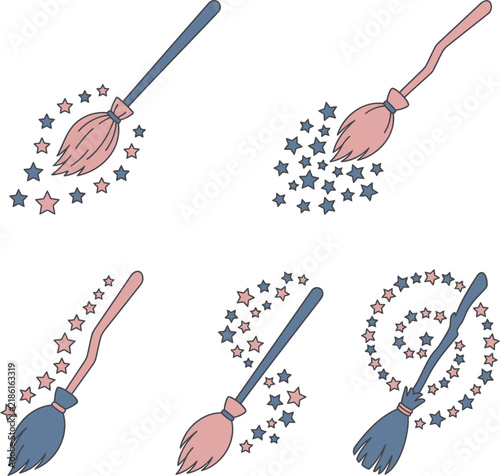 Brooms with Star Trails Vector Illustration. Magical Design Elements for Fantasy and Whimsical