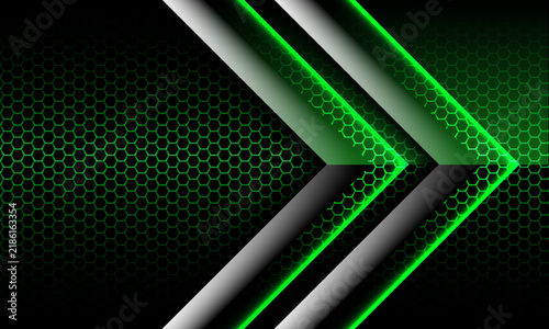 Abstract green light arrow power direction hexagon mesh cyber technology futuristic style design modern background vector